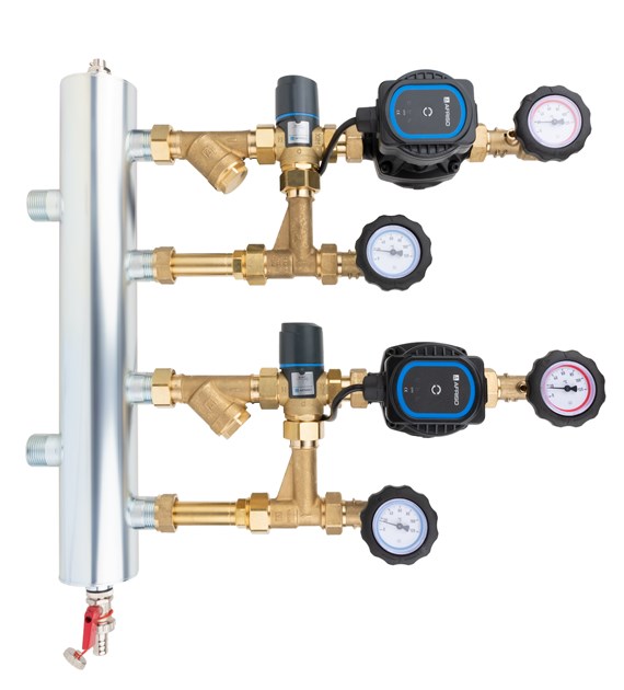 Zestaw mieszający ze sprzęgłem hydraulicznym BPS 911 AP, dwa człony z zaworem termostatycznym ATM 561, pompy AFRISO APH 160 AFRISO
