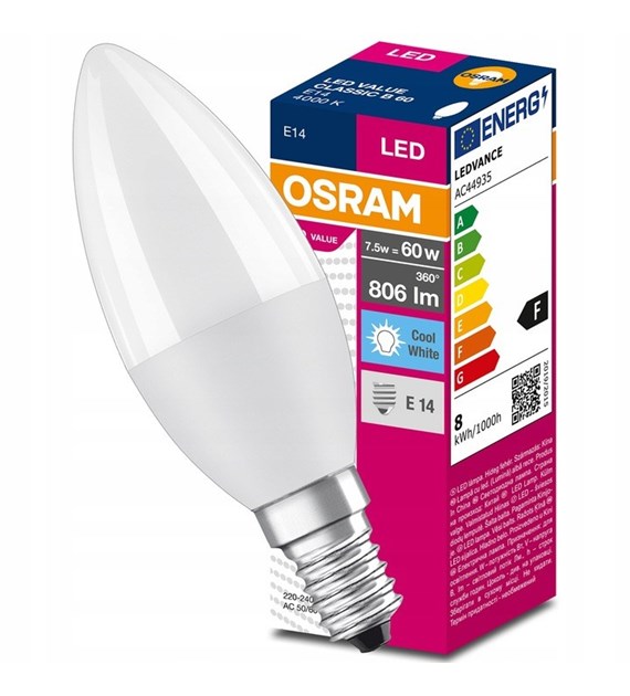 Żarówka LED E14 B39 7,5W = 60W 806lm 4000K Neutralna 200° OSRAM