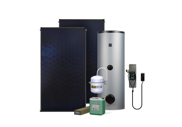 Zestaw solarny Komfort HX200-2KS2100.S004 Zestaw solarny Komfort dla 2-3 osób: kolektor słoneczny KS2100 (2 szt.), zespół pompowy ALEX HX10 MS (ze sterownikiem MiniSOL), podgrzewacz dwuwężownicowy 200l