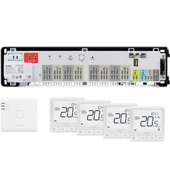 SALUS StartPack Premium RF - zestaw bezprzewodowego sterowania ogrzewaniem podłogowym z zarządzaniem przez Internet, listwa KL08RF230V, bramka UG800, cztery regulatory SQ610RF