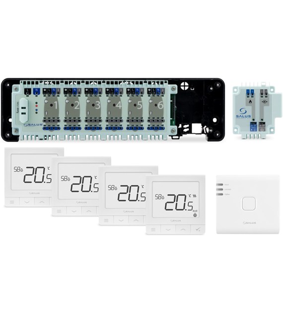 SALUS StartPack Premium - zestaw przewodowego sterowania ogrzewaniem podłogowym z zarządzaniem przez Internet, listwa KL06-M, moduł PL07, bramka UG800, cztery regulatory SQ610