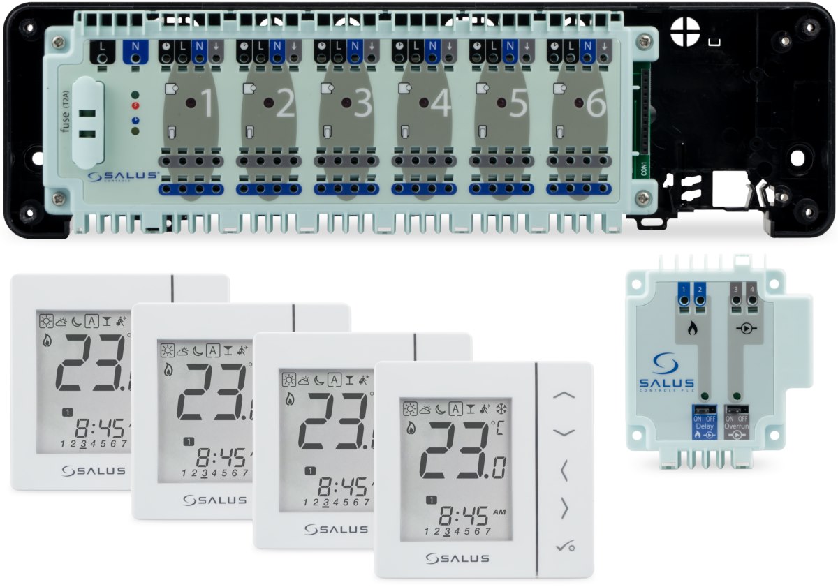SALUS StartPack Standard - zestaw przewodowego sterowania ogrzewaniem podłogowym bez zarządzania przez Internet, listwa KL06-M, moduł PL07, cztery regulatory VS30W
