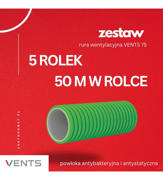 Kanał elastyczny, rura wentylacyjna o przekroju okrągłym fi 75 mm z powłoką antybakteryjną i antystatyczną, ( zwój 50 m ) zielona VENTS 5 zwojów