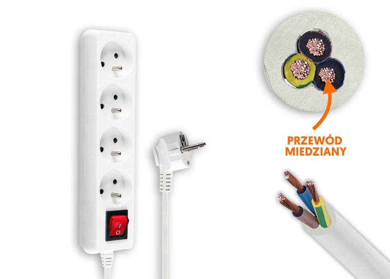 Przedłużacz 4 gniazda 5mb z uziemieniem biały z włącznikiem  LAMEX