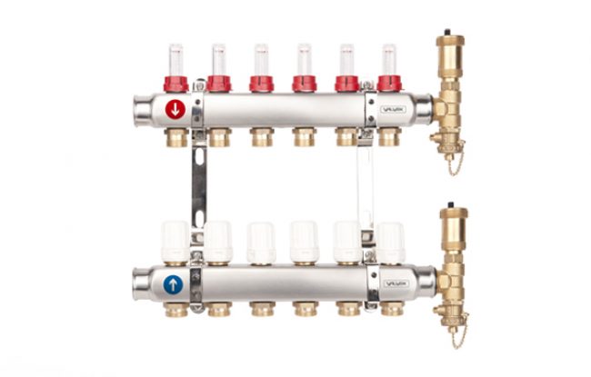 Rozdzielacz do podłogówki BASE INOX z rotametrami bez złączek euroconus K5 G1”-G3/4” 3 obwodów VALVEX - rozdzielacz w opakowaniu zastępczym , nosi ślady zarysowań