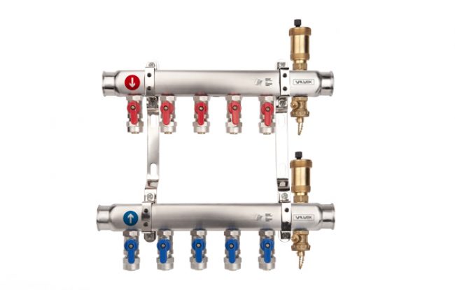 Rozdzielacz grzejnikowy BASE INOX z zaworami PEX K2MINI PLUS-2 G1”-G3/4” 2 obwodów VALVEX - opakowanie zastępcze, nosi ślady zarysowań