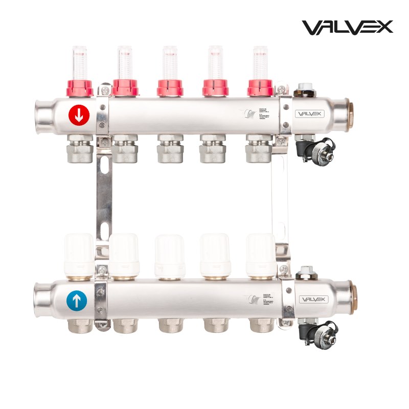 Rozdzielacz do podłogówki BASE ECOLINE PLUS INOX z rotametrami i złączkami euroconus K5H-16 G1 - 16 obwodów VALVEX