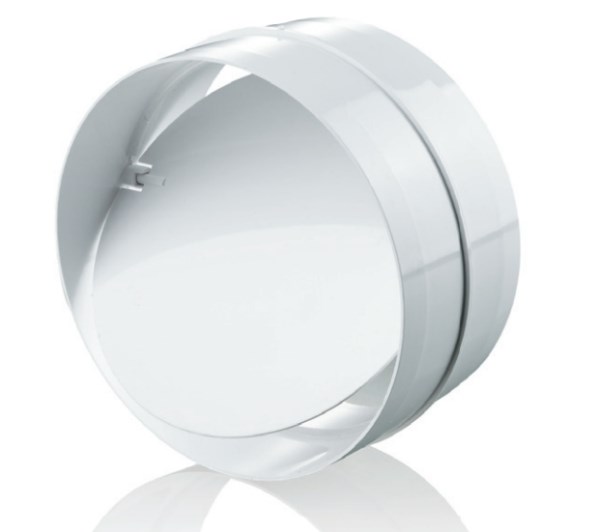 Łącznik kanałów okrągłych fi 125 mm z zaworem zwrotnym, biały VENTIKA