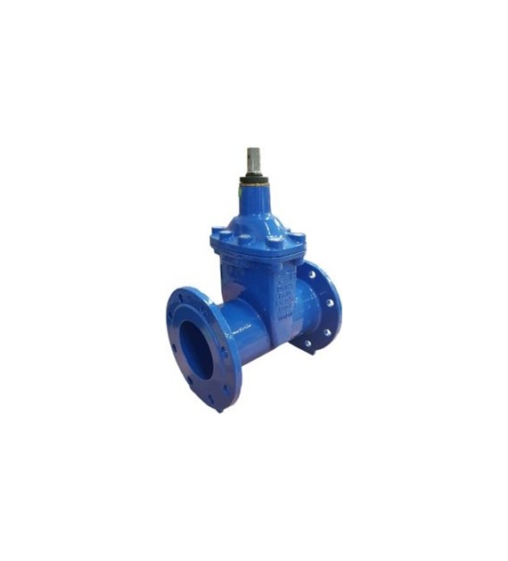 Zasuwa klinowa EcoValve do wody, kołnierzowa DN100, PN16, długa F5, miękkouszczelniona, EPDM, śruby-stal nierdzewna A2-70, bez kółka, zamykanie CC (w prawo), GJS-żeliwo sferoidalne, kolor niebieski AD0368