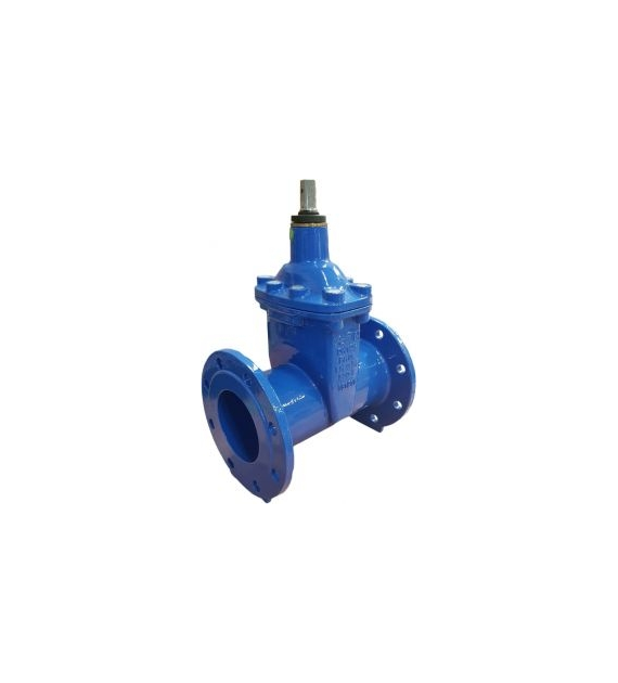Zasuwa klinowa EcoValve do wody, kołnierzowa DN100, PN16, długa F5, miękkouszczelniona, EPDM, śruby-stal nierdzewna A2-70, bez kółka, zamykanie CC (w prawo), GJS-żeliwo sferoidalne, kolor niebieski AD0368
