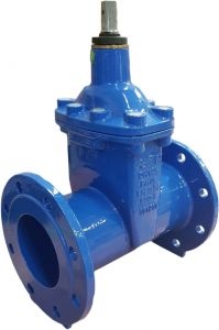 Zasuwa klinowa EcoValve do wody, kołnierzowa DN100, PN16, długa F5, miękkouszczelniona, EPDM, śruby-stal nierdzewna A2-70, bez kółka, zamykanie CC (w prawo), GJS-żeliwo sferoidalne, kolor niebieski AD0368