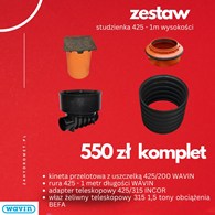 ZESTAW Kineta przelotowa 425/200 3045393 WAVIN z uszczelką + rura 425 1m WAVIN + adapter teleskopowy 425/315 INCOR ŁASK + teleskop 1.5 tony