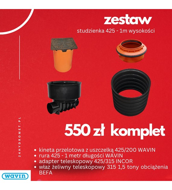 ZESTAW Kineta przelotowa 425/200 3045393 WAVIN z uszczelką + rura 425 1m WAVIN + adapter teleskopowy 425/315 INCOR ŁASK + teleskop 1.5 tony