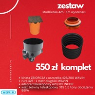 ZESTAW Kineta zbiorcza 425/200 3045396 WAVIN z uszczelką + rura 425 1m WAVIN + adapter teleskopowy 425/315 INCOR ŁASK + teleskop 1.5 tony
