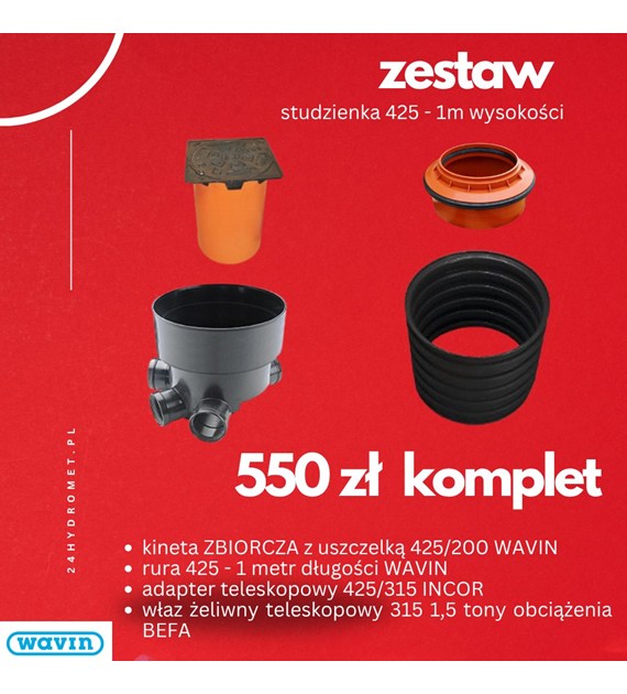 ZESTAW Kineta zbiorcza 425/200 3045396 WAVIN z uszczelką + rura 425 1m WAVIN + adapter teleskopowy 425/315 INCOR ŁASK + teleskop 1.5 tony