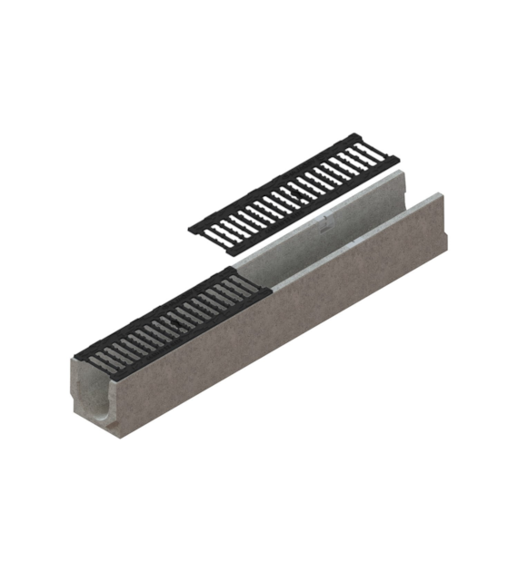 Kanał betonowy, korytko BASE DN100 KTL ruszt żeliwo klasa B125 H125 140mm szerokość, wysokość 125mm VODALAND