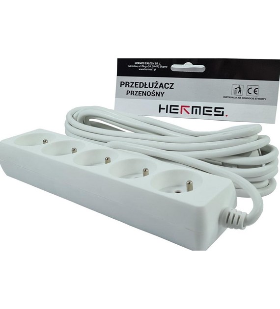 Przedłużacz 5 gniazd 5mb z uziemieniem biały HERMES