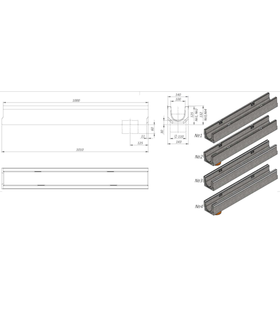 Kanał betonowy, korytko BASE DN100 KTL ruszt żeliwo klasa B125 H125 140mm szerokość, wysokość 125mm VODALAND