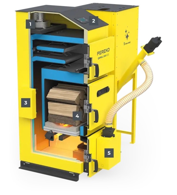 Kocioł, piec dwupaliwowy na pellet, pelet, peletowy + drewno QMPELL DUO 15 kW PEREKO