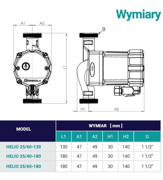 CIRCULA-HELIO-POMPA ELEKTRONICZNA C.O. 25/60 130MM Z WTYCZKĄ