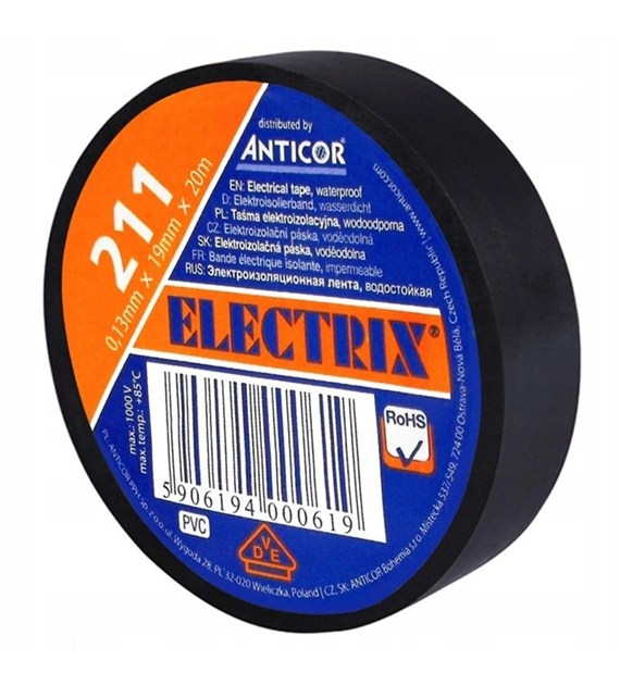Taśma elektroizolacyjna PCW wodoodporna czarny 19mmx20m; PE-2112001-0019020; ANTICOR