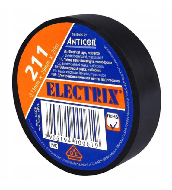 Taśma elektroizolacyjna PCW wodoodporna czarny 19mmx20m; PE-2112001-0019020; ANTICOR
