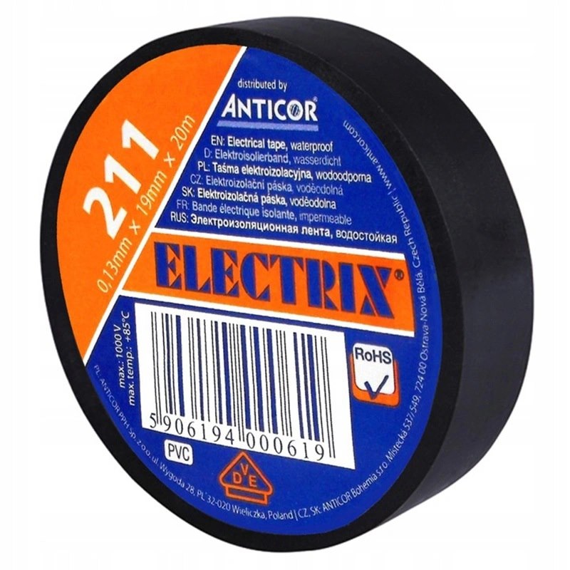 Taśma elektroizolacyjna PCW wodoodporna czarny 19mmx20m; PE-2112001-0019020; ANTICOR