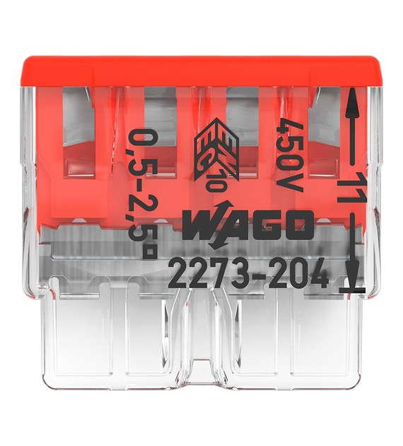 Złączka instalacyjna COMPACT 4-przewodowa do drutu, do 2,5 mm2, transparentna z czerwoną pokrywą 2273-204 WAGO