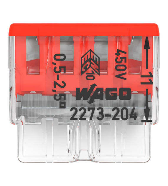 Złączka instalacyjna COMPACT 4-przewodowa do drutu, do 2,5 mm2, transparentna z czerwoną pokrywą 2273-204 WAGO