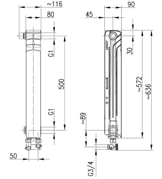 Element grzejnikowy lewy G500 F/D/1 z dolnym zasilaniem krzyżowym i zespół przyłączeniowym kątowym [50 x 50] KFA