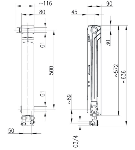 Element grzejnikowy lewy G500 F/D/1 z dolnym zasilaniem krzyżowym i zespół przyłączeniowym kątowym [50 x 50] KFA