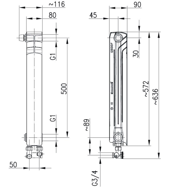 Element grzejnikowy lewy G500 F/D/1 z dolnym zasilaniem krzyżowym i zespół przyłączeniowym kątowym [50 x 50] KFA