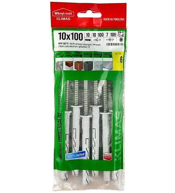 Kołki ramowe rozporowe z wkrętem z łbem sześciokątnym 10x100 (6 sztuk) i gniazdem TX WKRĘT-MET
