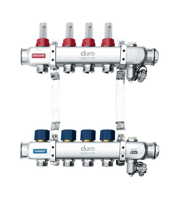 Rozdzielacz do ogrzewania podłogowego ze stali nierdzewnej 8-obwodów OP-8 INOX 1  ( DN25 ) DURO ARKA