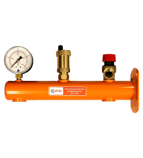 Grupa bezpieczeństwa CO zaworem bezpieczeństwa 2,5 BAR - długość 280 mm, manometr 4 bar, temperatura max 110°C CALIDO ARKA