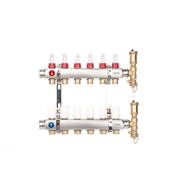 Rozdzielacz do podłogówki BASE INOX z rotametrami i złączkami euroconus K5 G1”-G3/4” 6 obwodów VALVEX