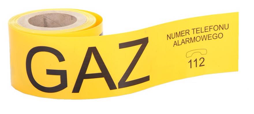 Taśma ostrzegawcza żółta do gazu nadruk:GAZ szerokość 20cm, długość rolki 100m BEZ WKŁADKI