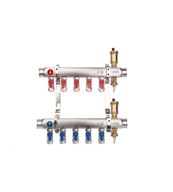 Rozdzielacz grzejnikowy BASE INOX z zaworami PEX K2MINI PLUS-6 G1”-G3/4” 6 obwodów VALVEX