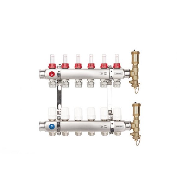 Rozdzielacz do podłogówki BASE INOX z rotametrami i złączkami euroconus K5 PLUS-2 G1”-G3/4” 6 obwodów VALVEX