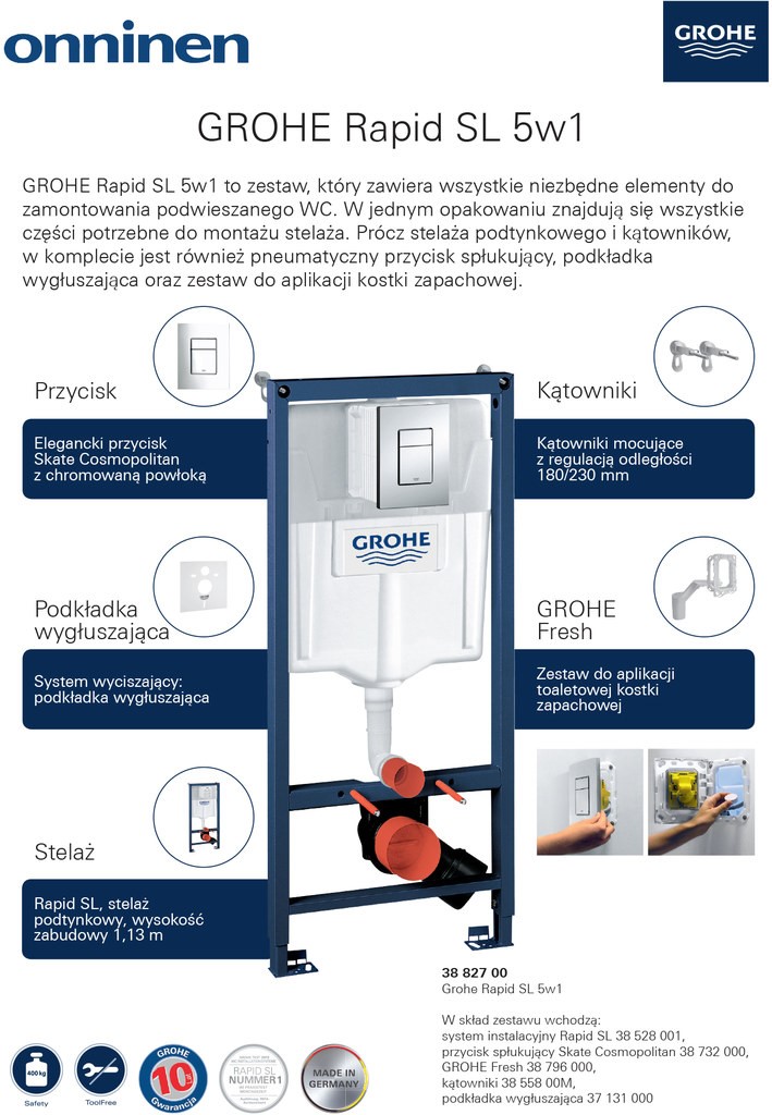 Stelaż podtynkowy WC RAPID SL 5w1 (stelaż+wspornik+uszczelka+system fresh+przycisk chrom) GROHE