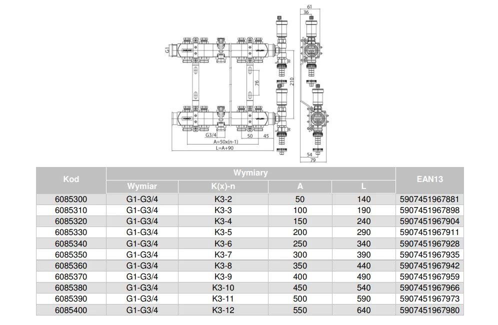 Rozdzielacz grzejnikowy BASE INOX K3-10 G1 -G3/4  (zaworki na imbus BEZ końcówek euroconus) 10 obwodów VALVEX