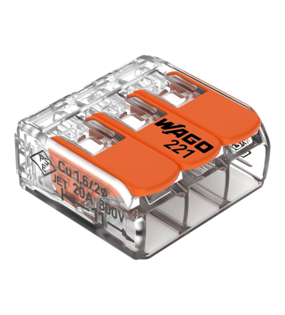 Złączka instalacyjna COMPACT 3-przewodowa z dźwigniami, do drutu i linki, 4 mm2, transparentna 221-413 WAGO