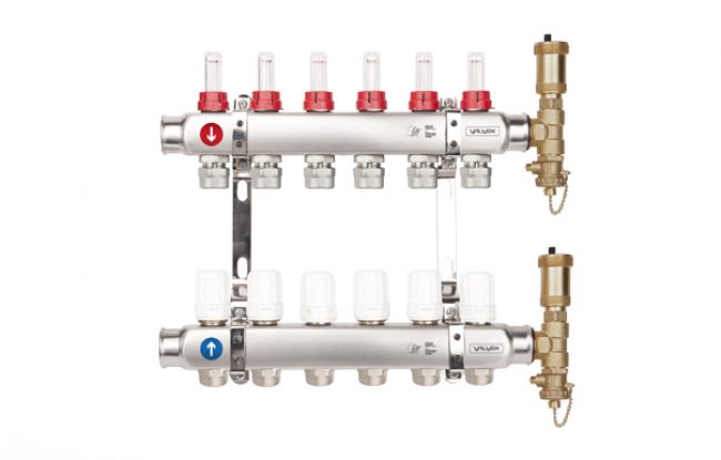 Rozdzielacz do podłogówki BASE INOX z rotametrami i złączkami euroconus K5 PLUS-2 G1”-G3/4” 4 obwodów VALVEX