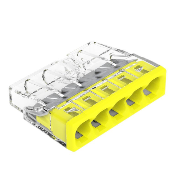 Złączka instalacyjna COMPACT 5-przewodowa do drutu, do 2,5 mm2, transparentna z żółtą pokrywą 2273-205 WAGO
