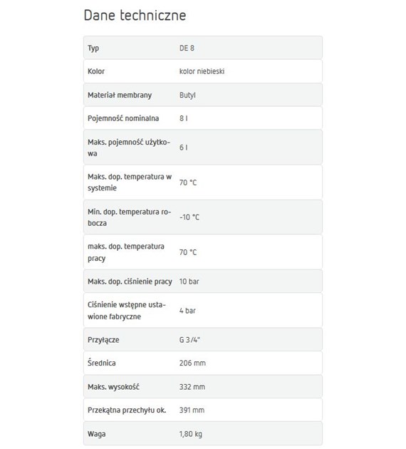 Naczynie przeponowe CWU 8L DE-8 REFLEX