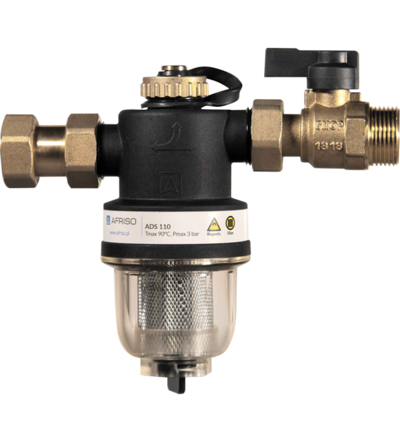 Kompaktowy magnetyczny separator zanieczyszczeń ADS 110, uniwersalne przyłącza G3/4 , Kvs 5,2 m3/h, z zaworem odcinającym i złączką AFRISO