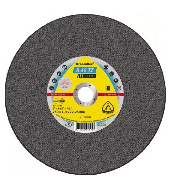 Tarcza A46TZ do cięcia stali kwasoodpornej 230x1,9x22mm KLINGSPOR