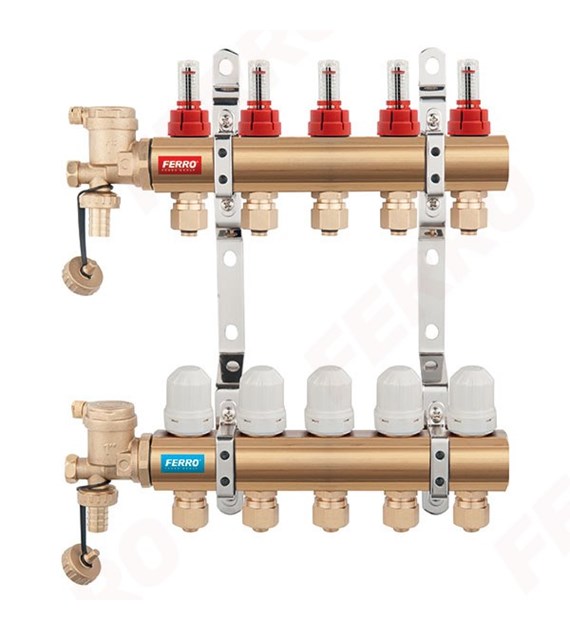 Rozdzielacz do ogrzewania podłogowego z rotametrami 2 obwody mosiężny FERRO