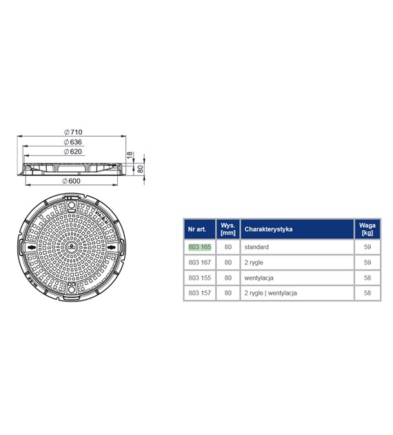 Właz żeliwny CO-600 25T STĄPORKÓW, żeliwo szare, wysokość 80mm