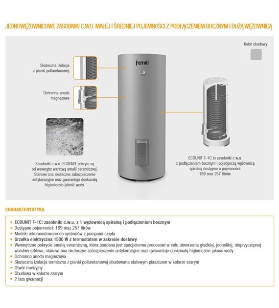 Podgrzewacz, wymiennik do pompy ciepła CWU ECOUNIT F 200-1C, pojemność 169L, wężownica 2.08m2 FERROLI